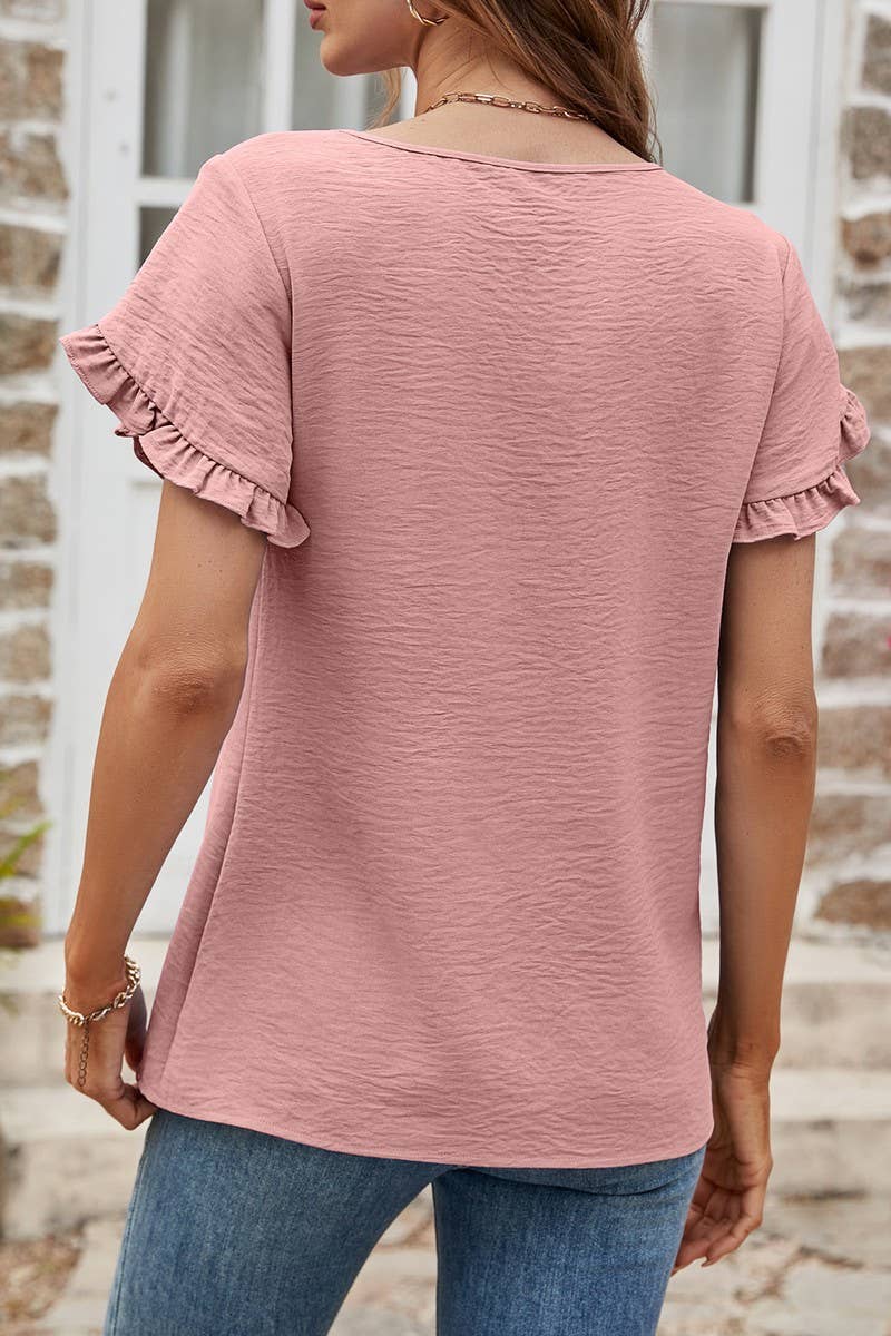 CWTBLS0352_Round neck Short Ruffle Sleeve Blouse