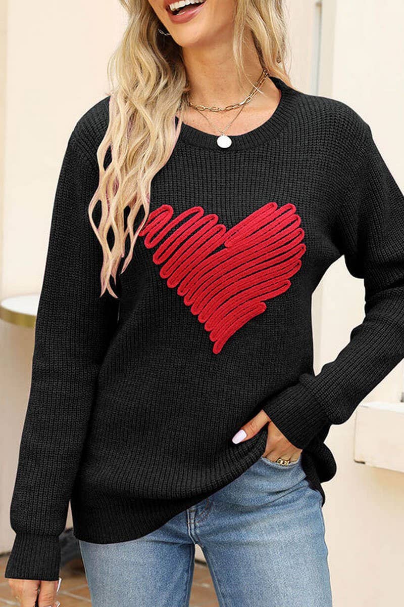 CWOSWL5811_HEART EMBROIDERED LOOSE CREW NECK SWEATER