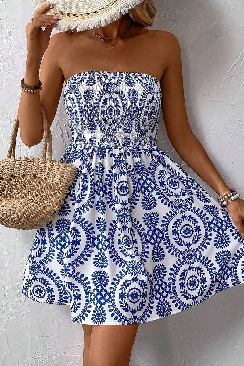 CWDTD0409_BLUE PRINTED TUBE TOP DRESS