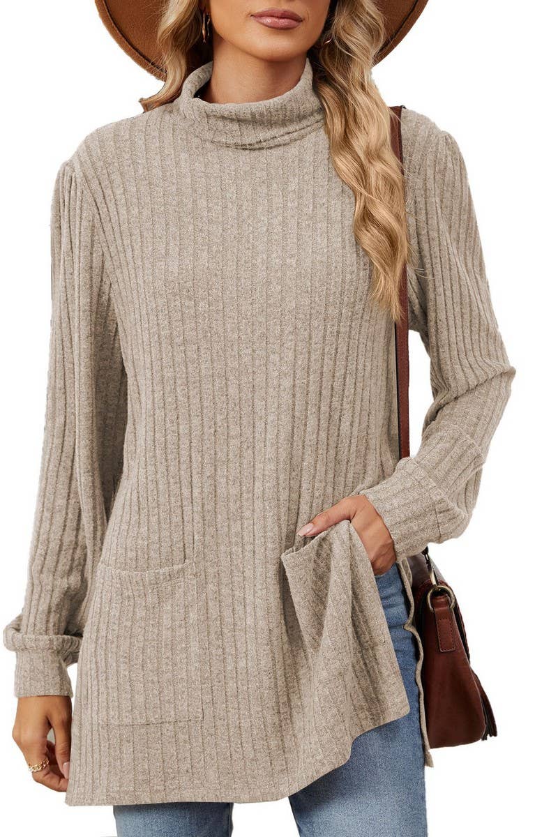 CWTBLL2363_SOLID COLOR HALF TURTLENECK SLIT POCKET TOP