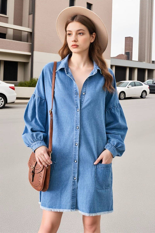 CWDSD10894_LOOSE DENIM FRAYED HEM LONG SLEEVE MIDI DRESS