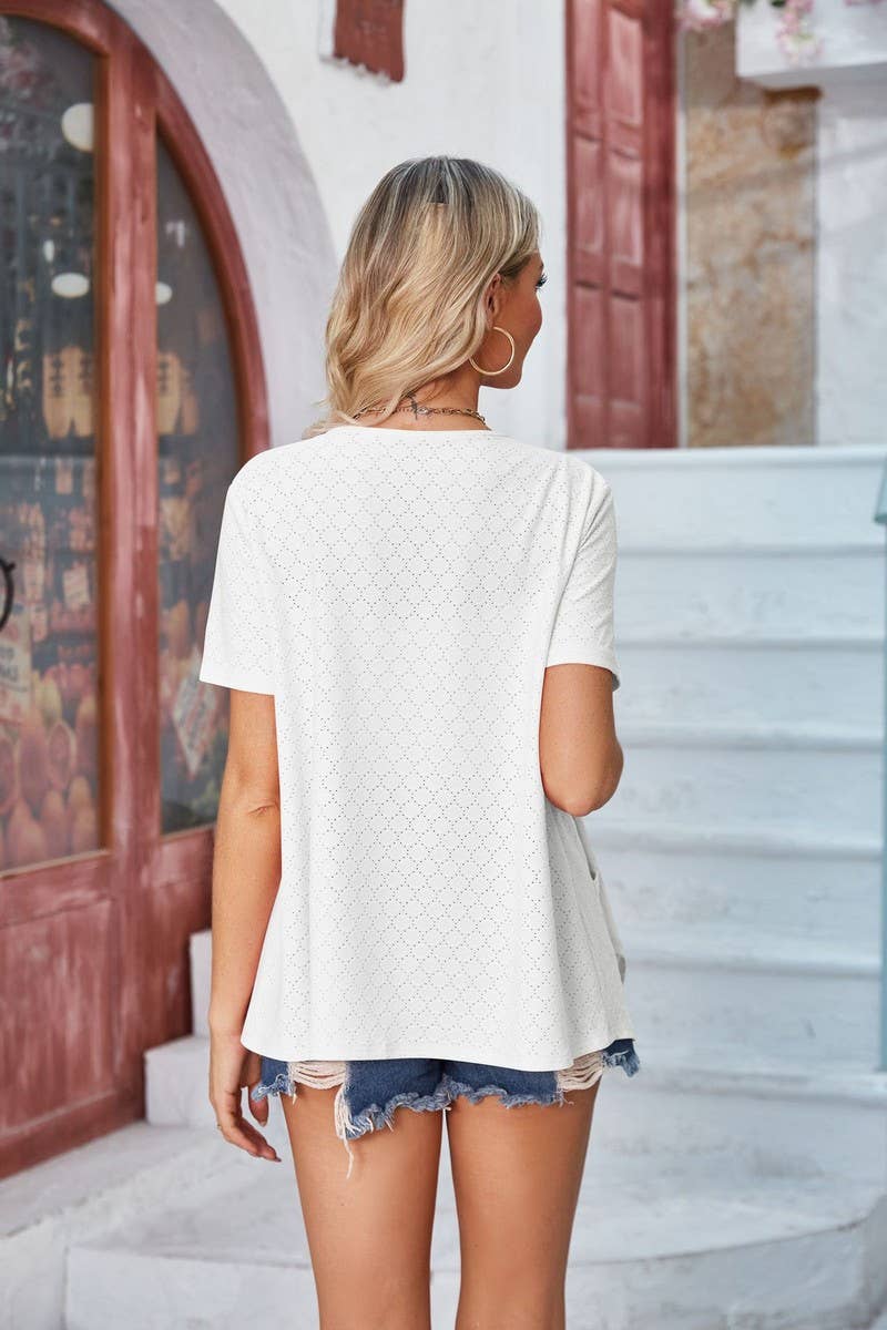 CWTBLS1113_SOLID COLOR HOLLOW CASUAL SHORT-SLEEVED CARDIGAN