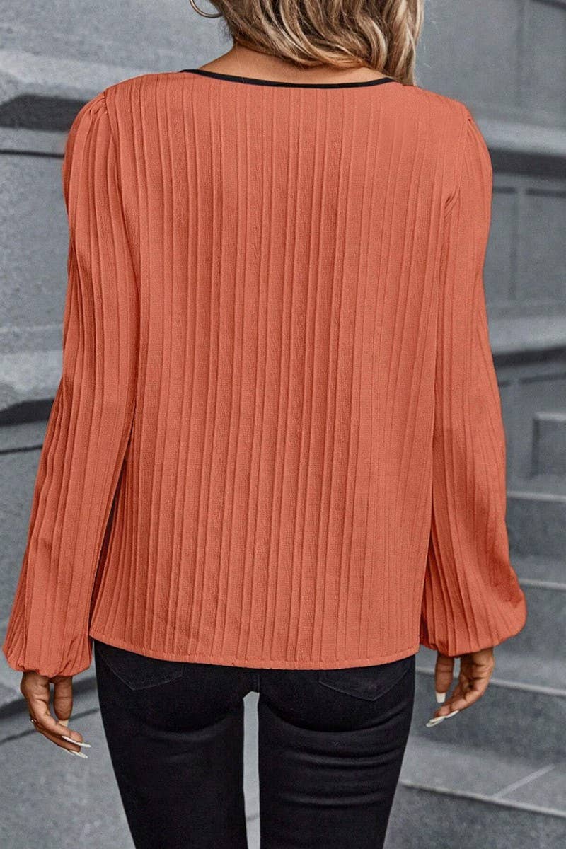 CWTBLL4007_COLORBLOCK V-NECK PUFF SLEEVE LONG SLEEVE SHIRT