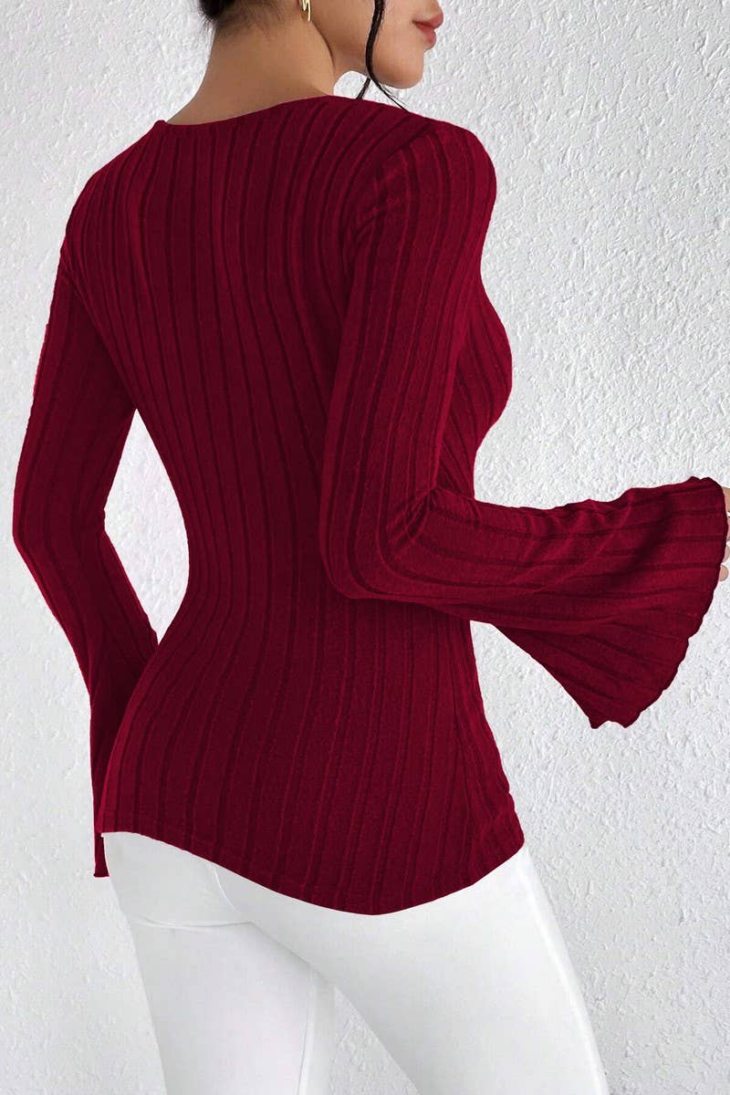 CWOSWL6451_V-NECK FLARED SLEEVE SLIM FIT BOTTOMING TOP