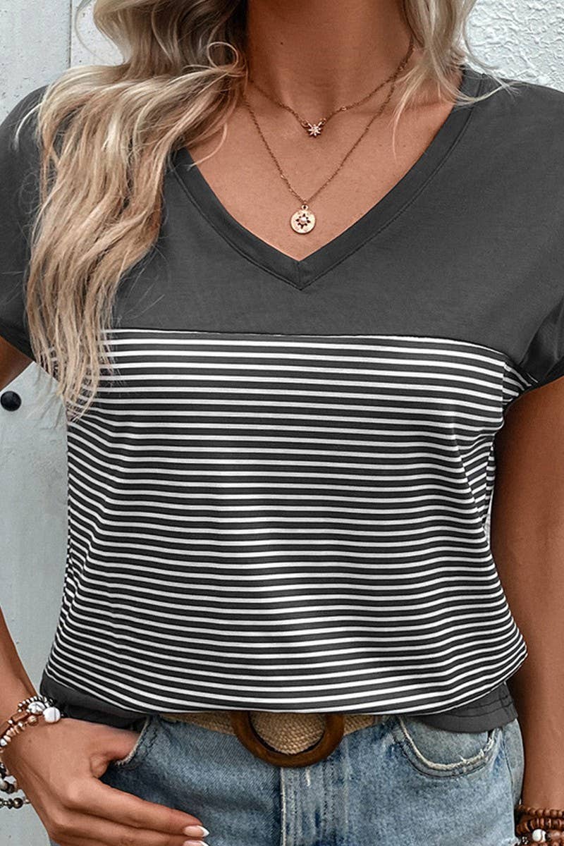 CWTTS1293_SUMMER CASUAL V-NECK FLYING SLEEVE STRIPED T-SHIRT