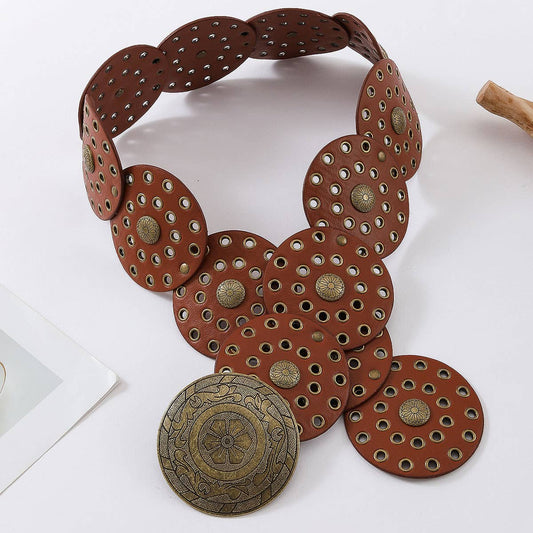 Exaggerated decorative circular metal wide belt
