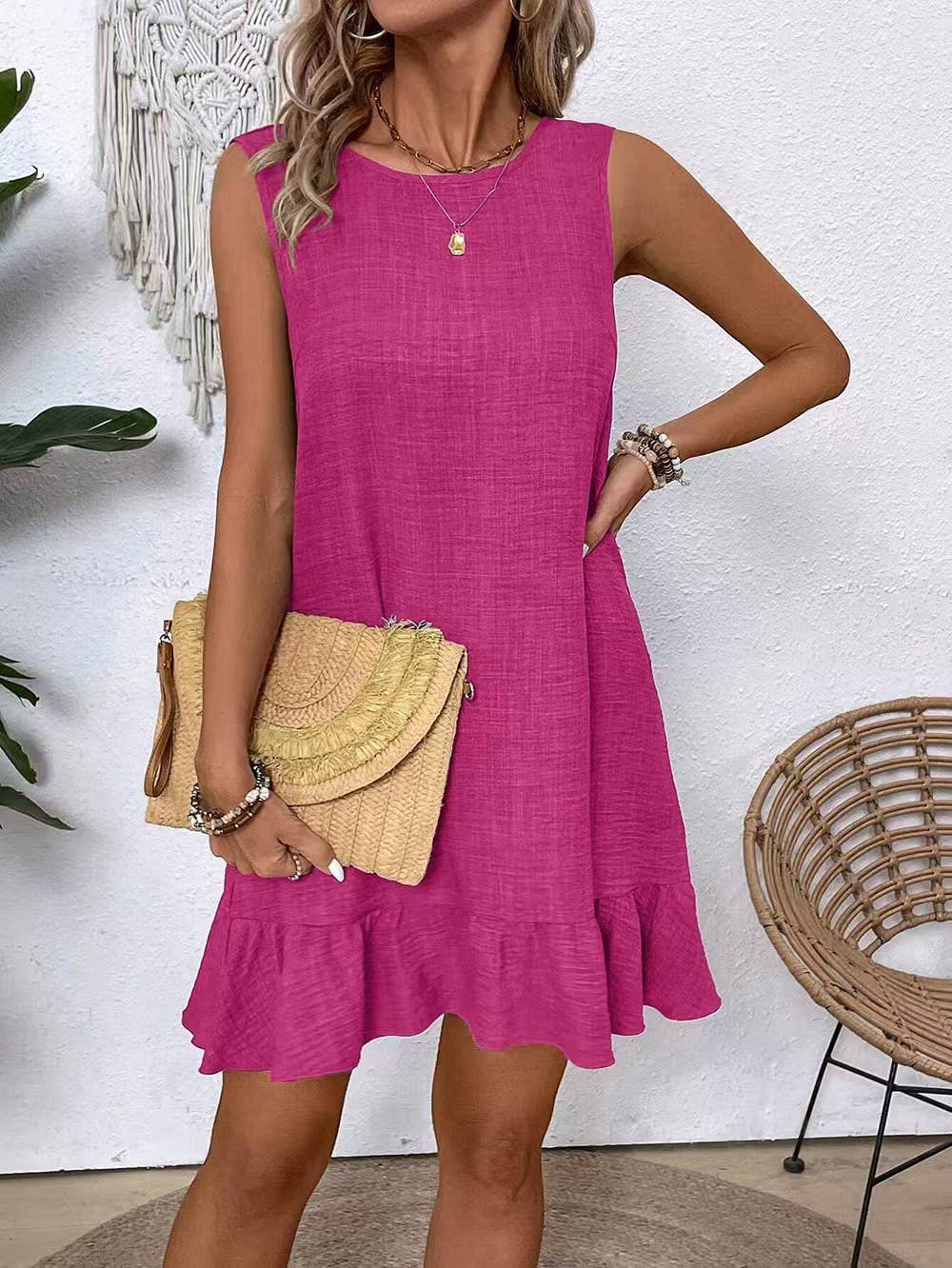 Casual tank solid color dress with lace ruffles