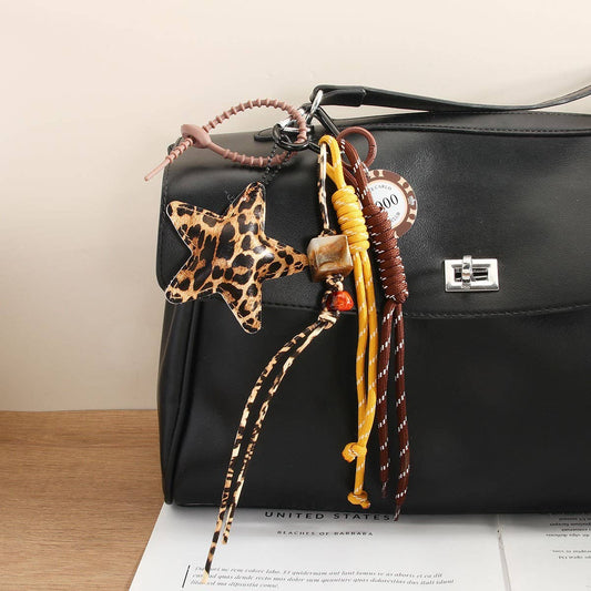 Retro Leopard Star Keychain with Beads & Chip_CWMM7624