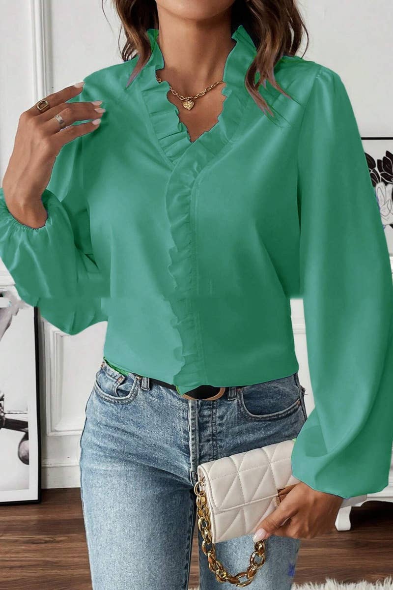 CWTSTL2082_FALL FASHION RUFFLED LONG SLEEVE SHIRT TOP