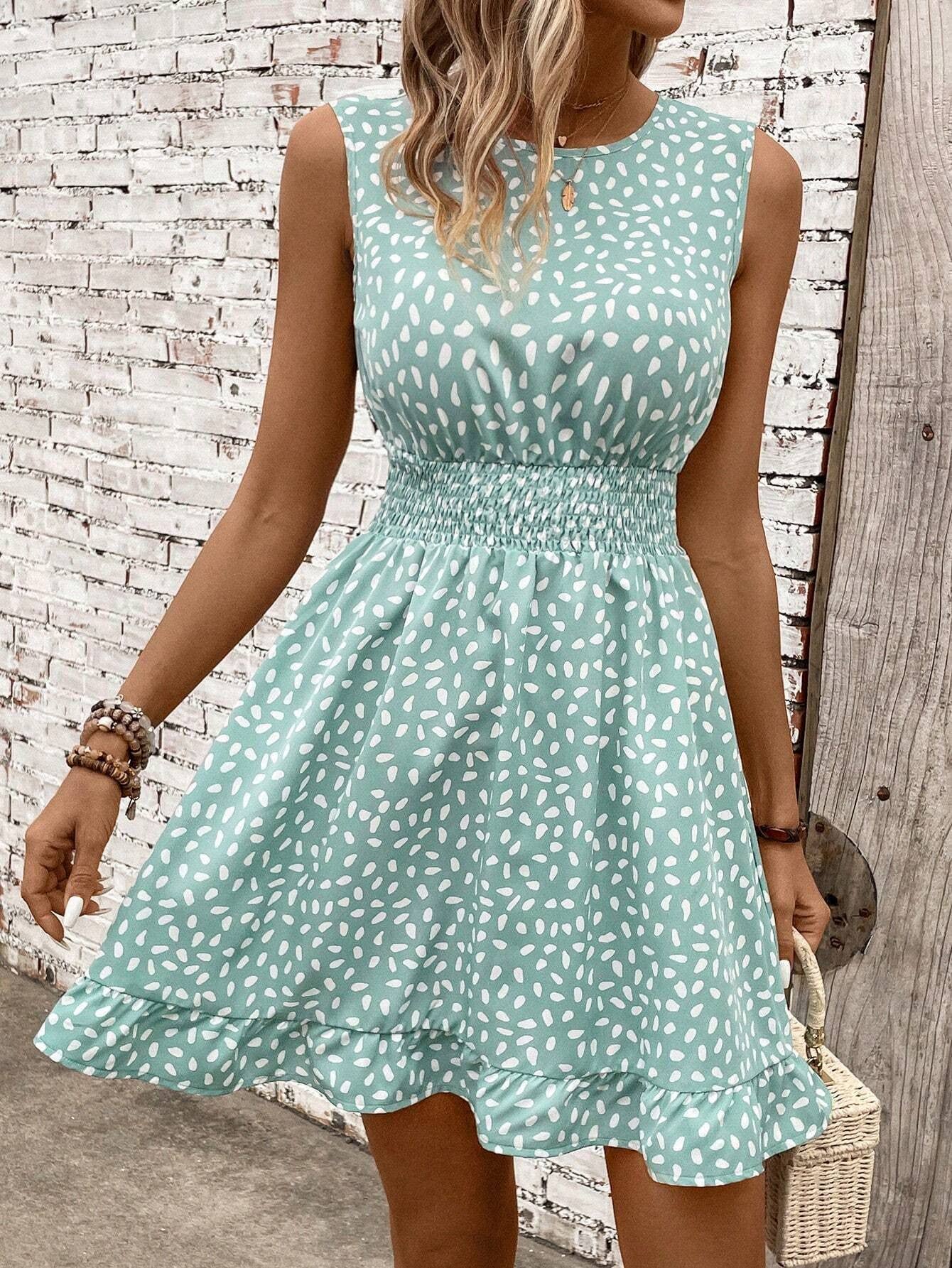 Casual ruffled sleeveless waist-cinching dress
