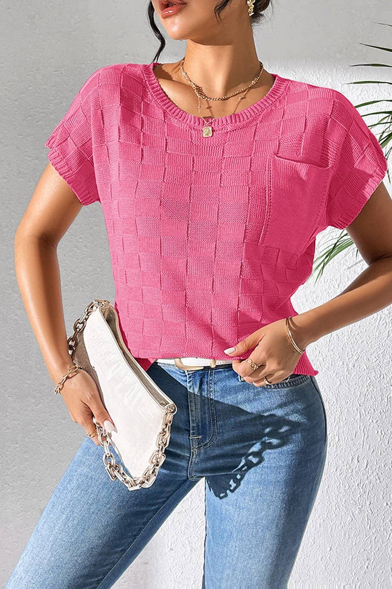 CWOSWS0086_SOLID COLOR LOOSE KNIT SHORT-SLEEVED TOP