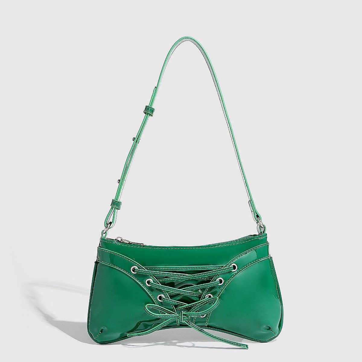 Glossy Bow Studded Drawstring Shoulder Bag_CWAB5704