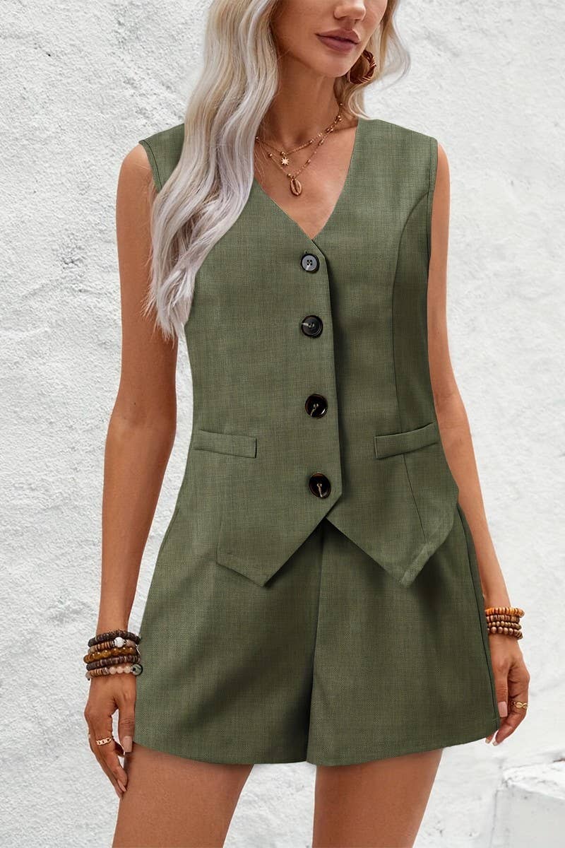 CWSS1118_V-NECK COMMUTER VEST SHORTS SHORT TWO-PIECE SUIT