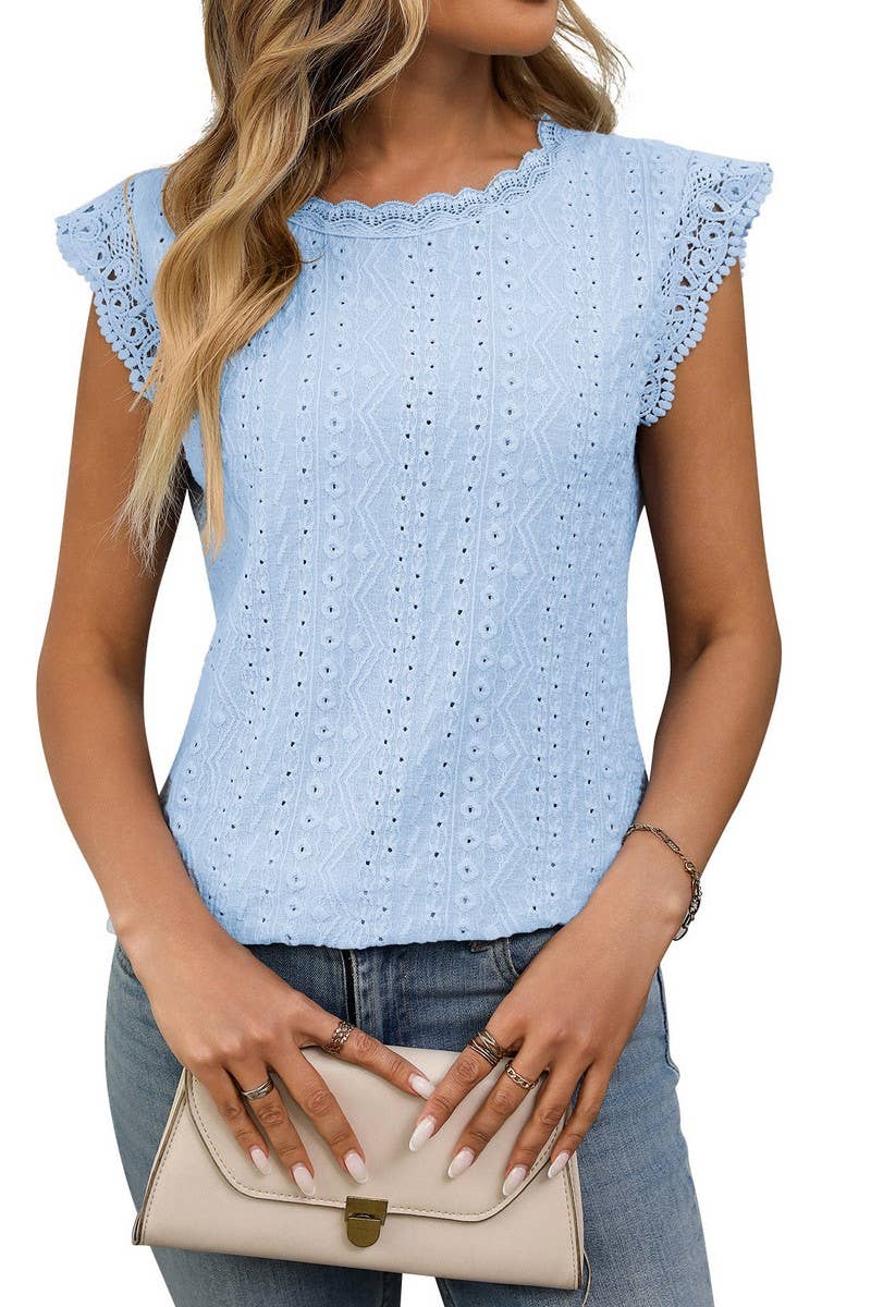 CWTBLS1619_SOLID COLOR ROUND NECK LACE STITCHING HOLLOW TOP