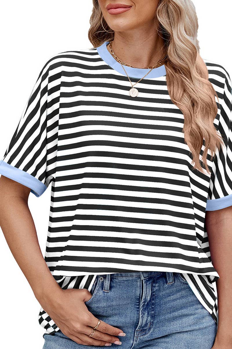 CWTTS1299_LOOSE STRIPED COLORBLOCK CREW NECK T-SHIRT TOP