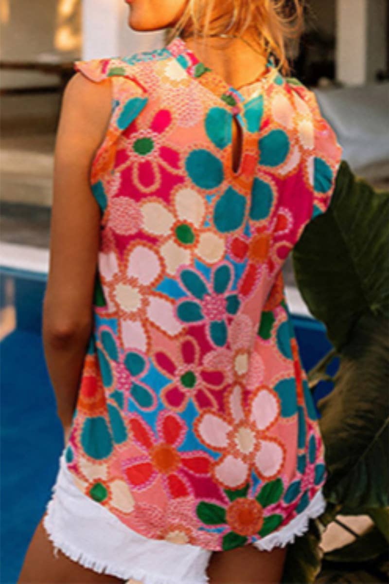 CWTBLSL0525_CREW-NECK RUFFLED SLEEVELESS PRINTED TANK TOP