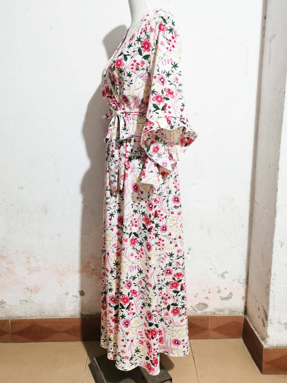 Boho ruffled patchwork V-neck strap split dress