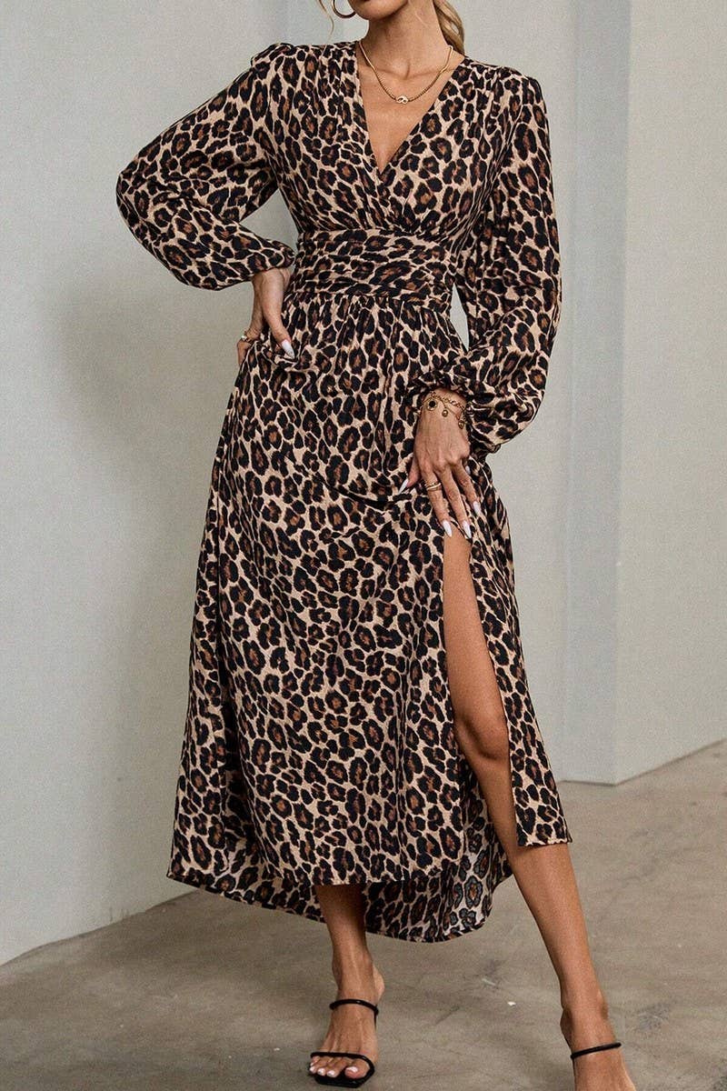 CWDMD3950_V-NECK LANTERN SLEEVES HIGH SLIT DRESS