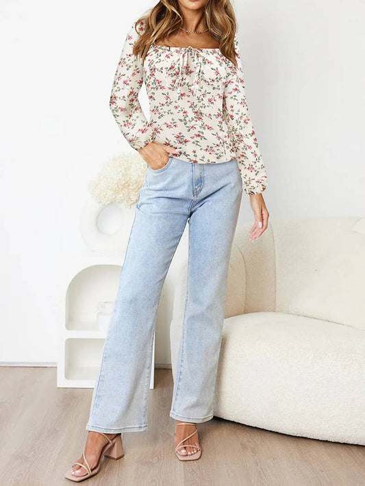 Floral Long Sleeve Square Neck Loose T-shirt