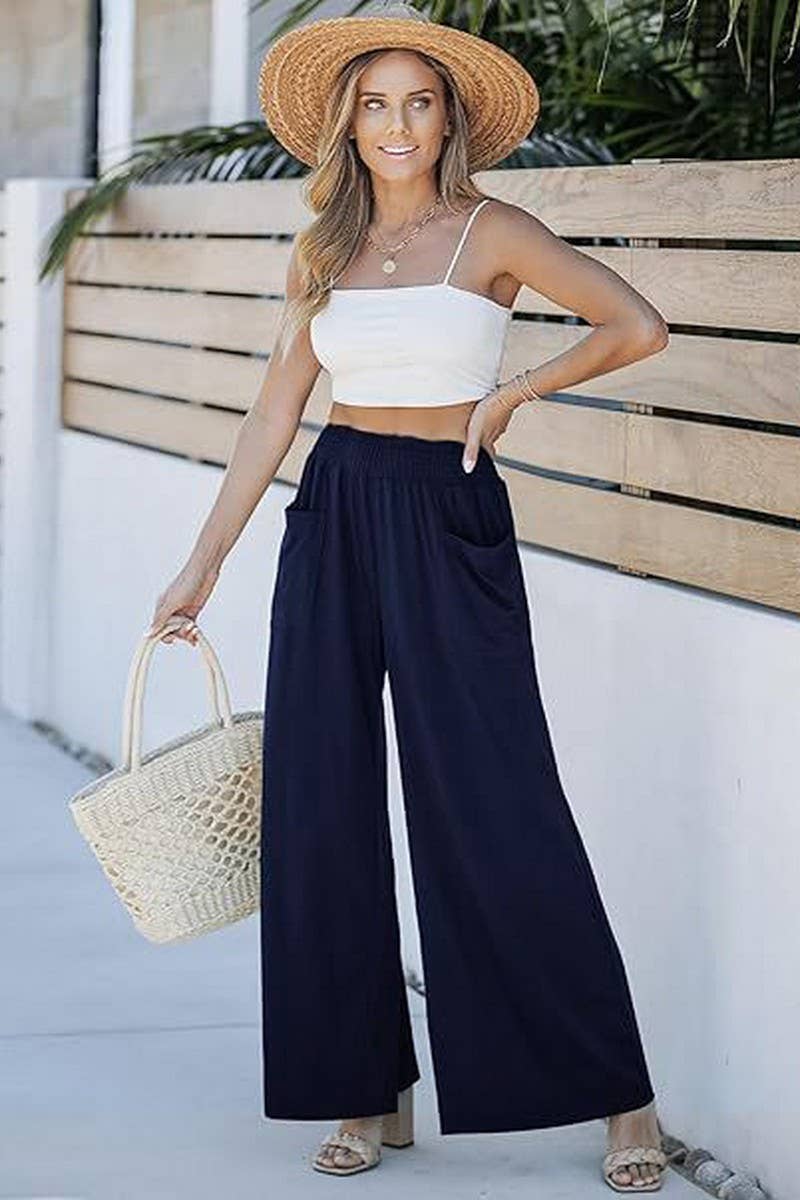 CWBLP1862_SOLID COLOR ELASTIC WAIST LOOSE CASUAL TROUSERS