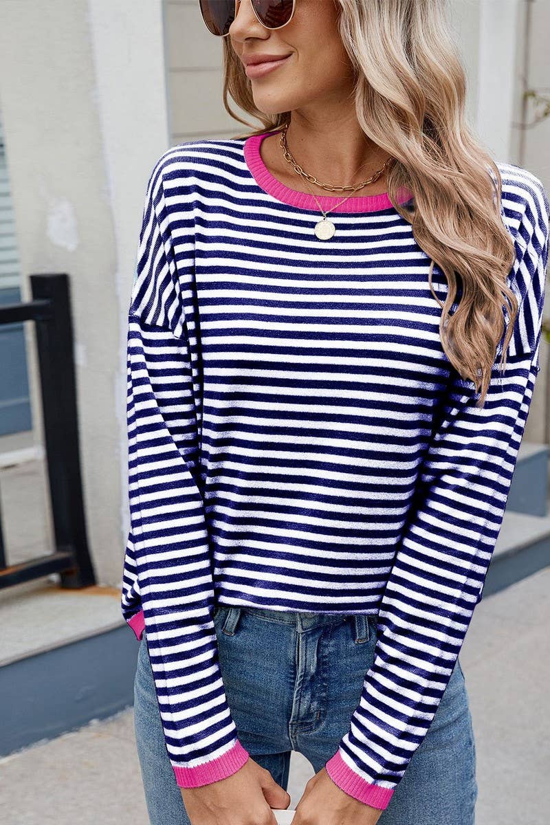 CWTBLL01204_COLORBLOCK TRIM STRIPE LOOSE KNIT PULLOVER