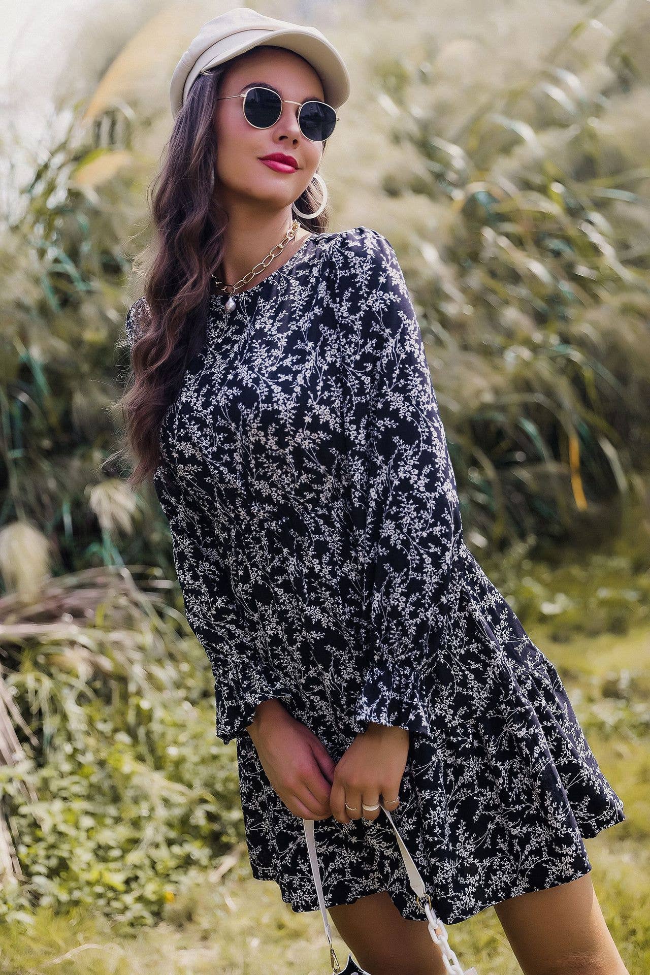 CREW NECK LONG SLEEVE PRINTED WAIST DRESS