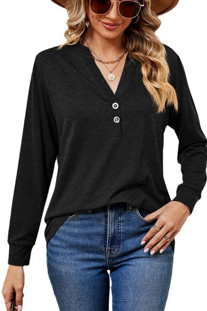 CWTBLL2371_V-NECK BUTTON LONG SLEEVE LOOSE PULLOVER TOP