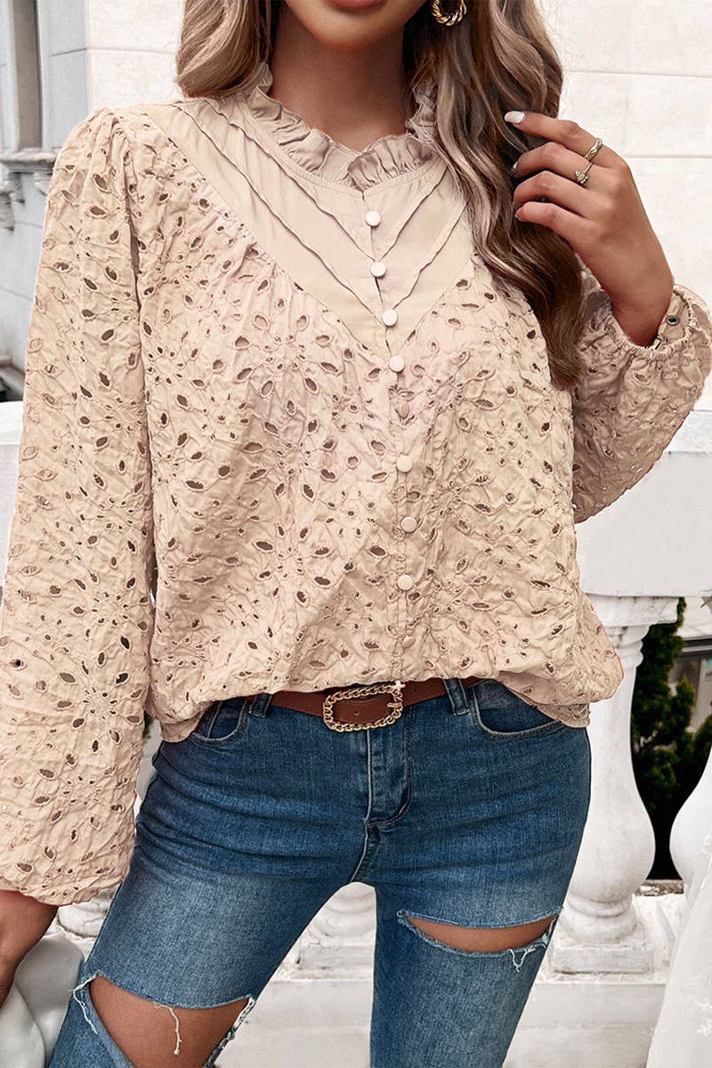 CWTSTL2732_ELEGANT HOLLOW PUFF SLEEVE EMBROIDERED TOP