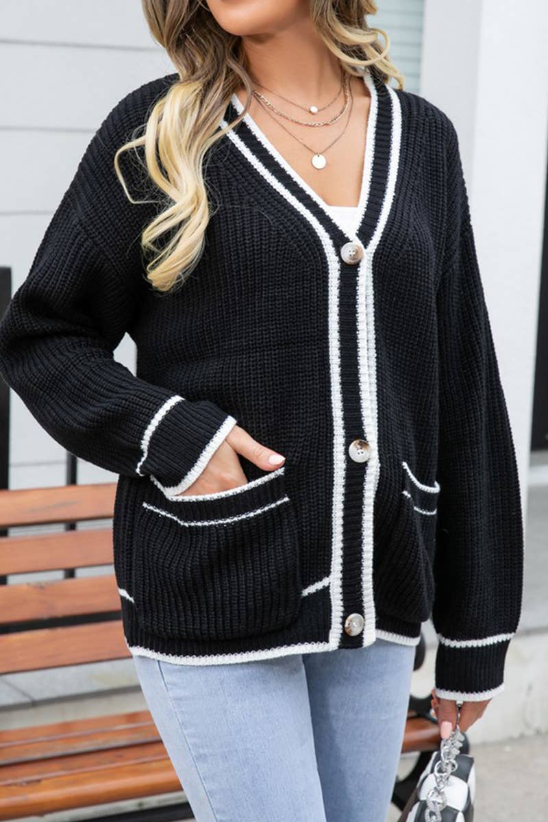 CWOSWL1670_Button Down Sleeve  V-Neck Cardigan Sweater
