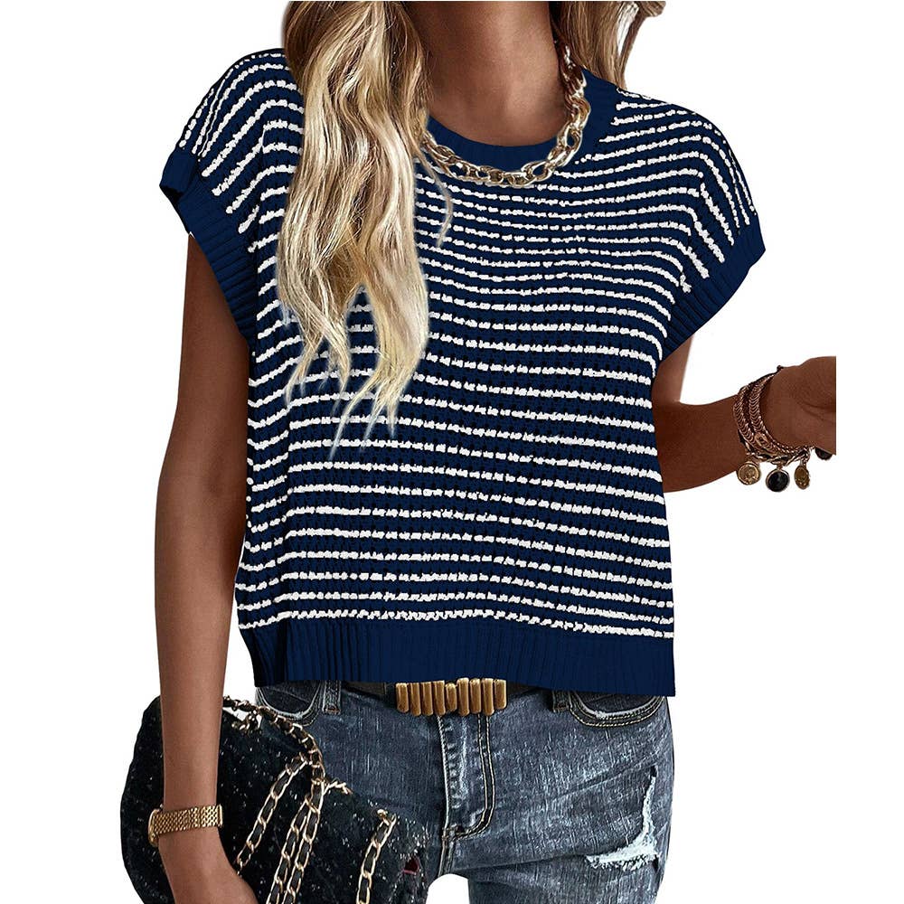 Crew-neck knit loose striped contrasting sweater