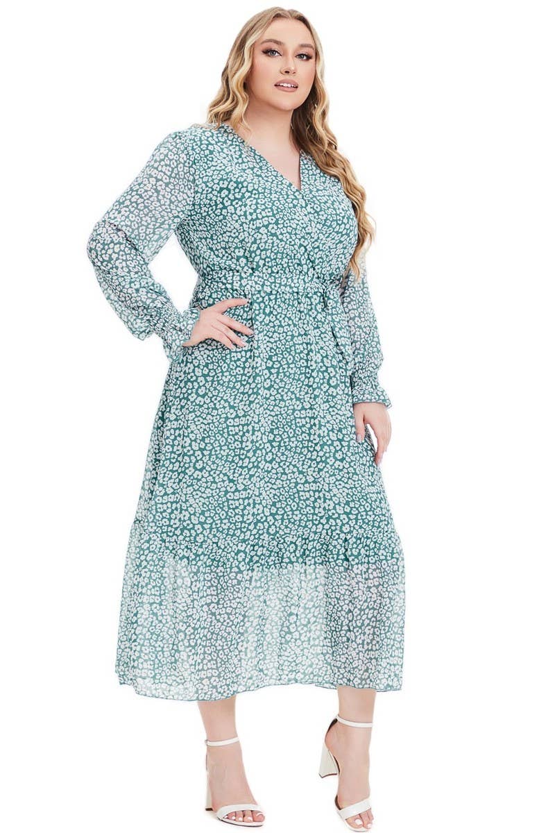 CWDMD3240_PLUS SIZE V NECK LONG SLEEVE FLORAL DRESS