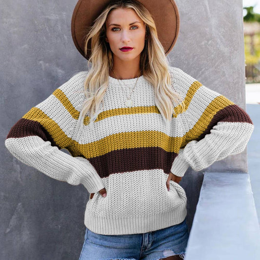 CASUAL LOOSE CREW NECK COLOR PATCHWORK KNITWEAR