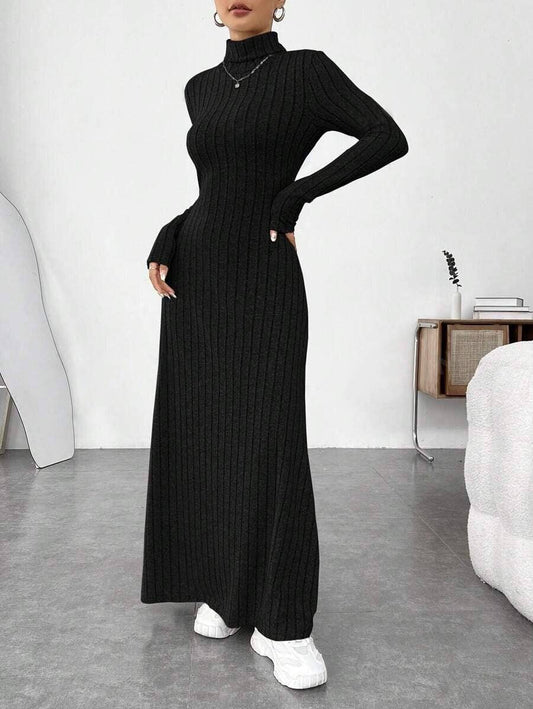 Figure-hugging high-neck solid-color dress