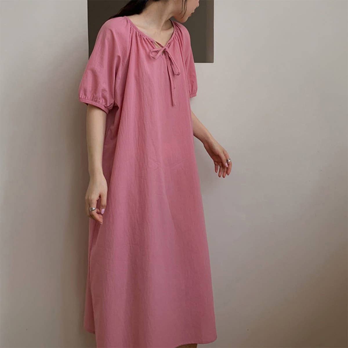 COTTON LACE DESIGN PUFFY SLEEVE DRESS