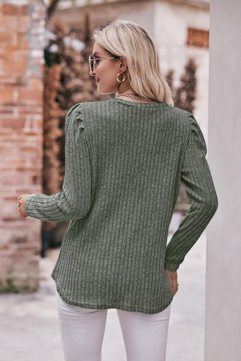 CWTBLL1832_ROUND NECK PUFF SLEEVE RIBBED SOLID COLOR TOP