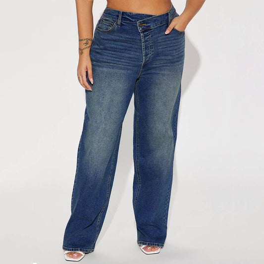 DIAGONAL HIGH-WAISTED STRAIGHT-LEG STRETCH JEANS
