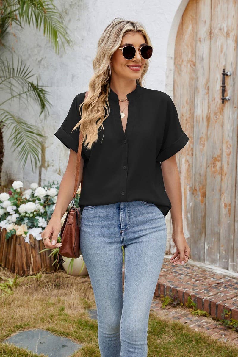 CWTBLS2280_SOLID V-NECK BUTTON DOWN CASUAL SHIRT TEE TOP