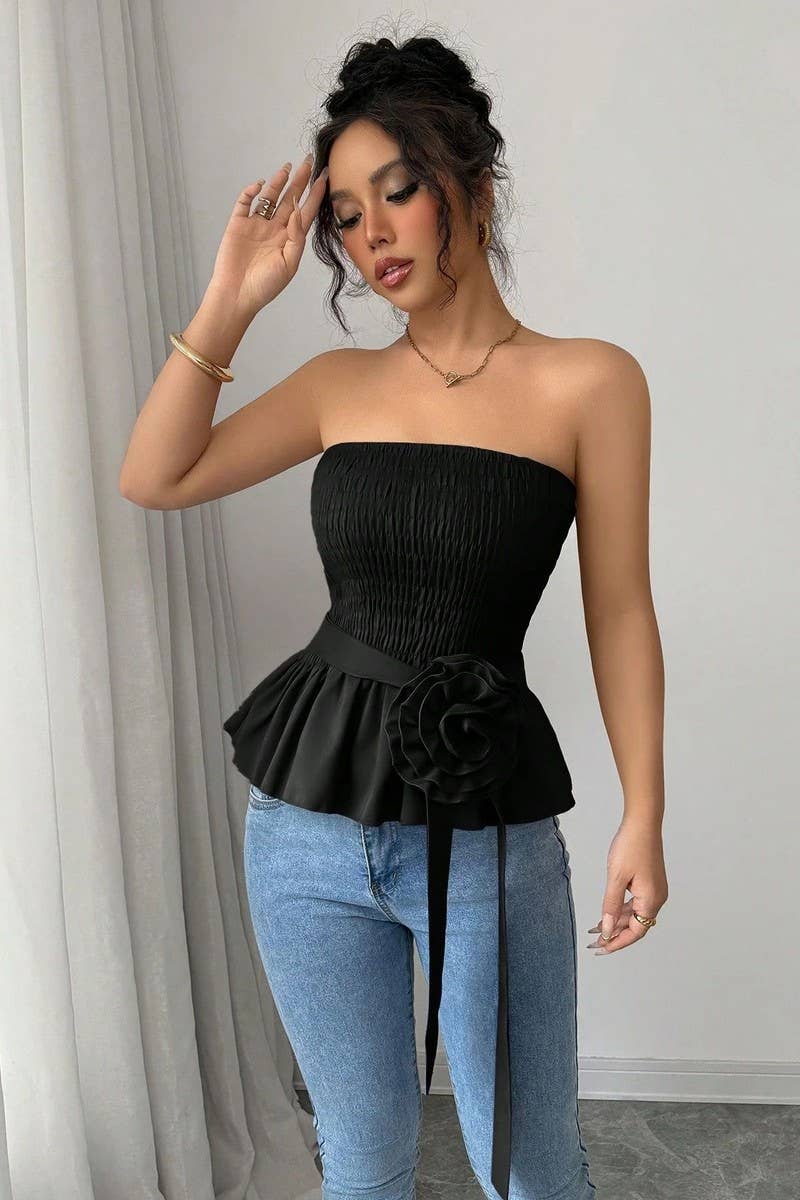 CWTTT0076_SOLID COLOR STRAPLESS 3D FLORAL CROP TOP