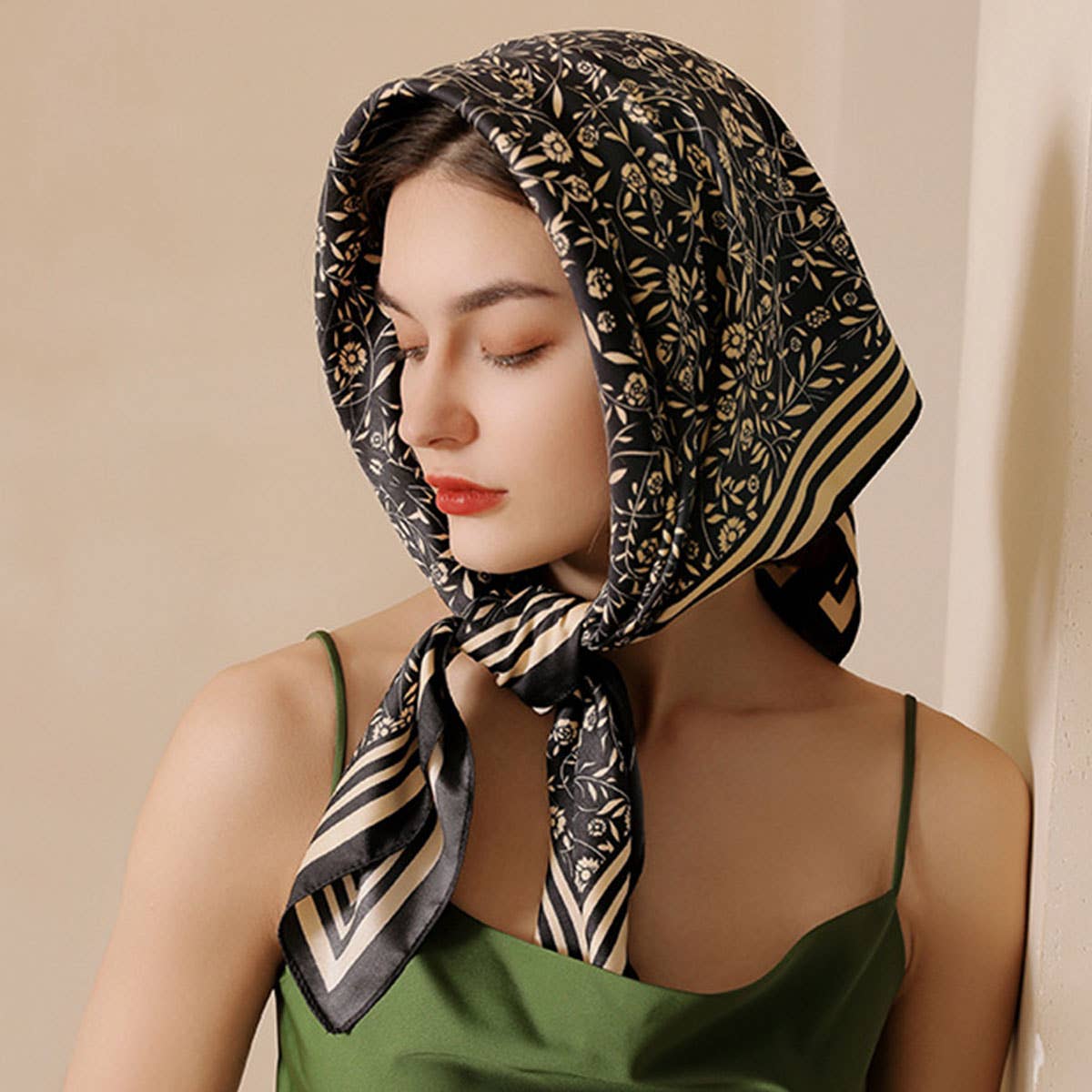 Sweet Floral Faux Silk Scarf - Square Neck Wrap