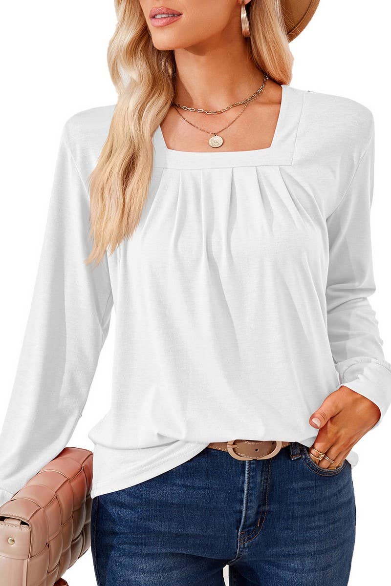 CWTBLL2409_SOLID COLOR SQUARE NECK PLEATED LONG SLEEVE TOP