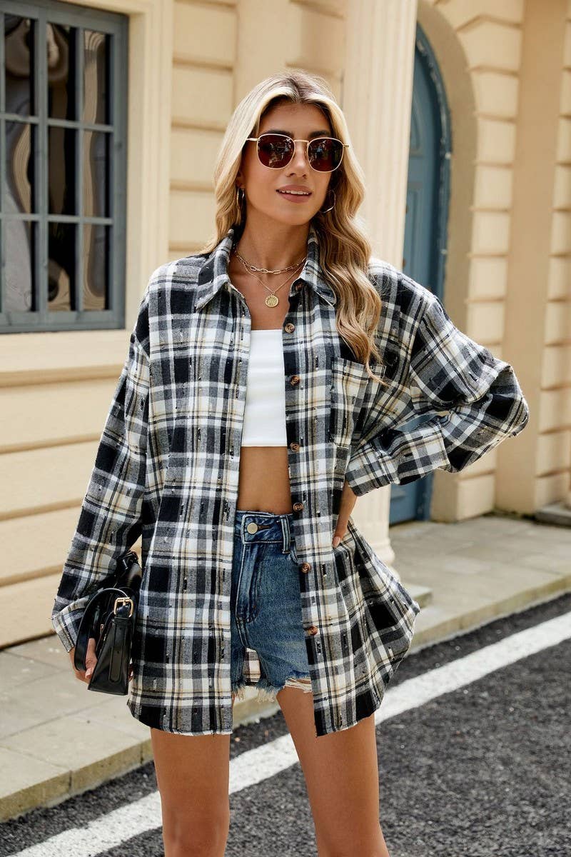 CWTSTL2063_CROCHET LONG-SLEEVED LOOSE LAPEL PLAID SHIRT