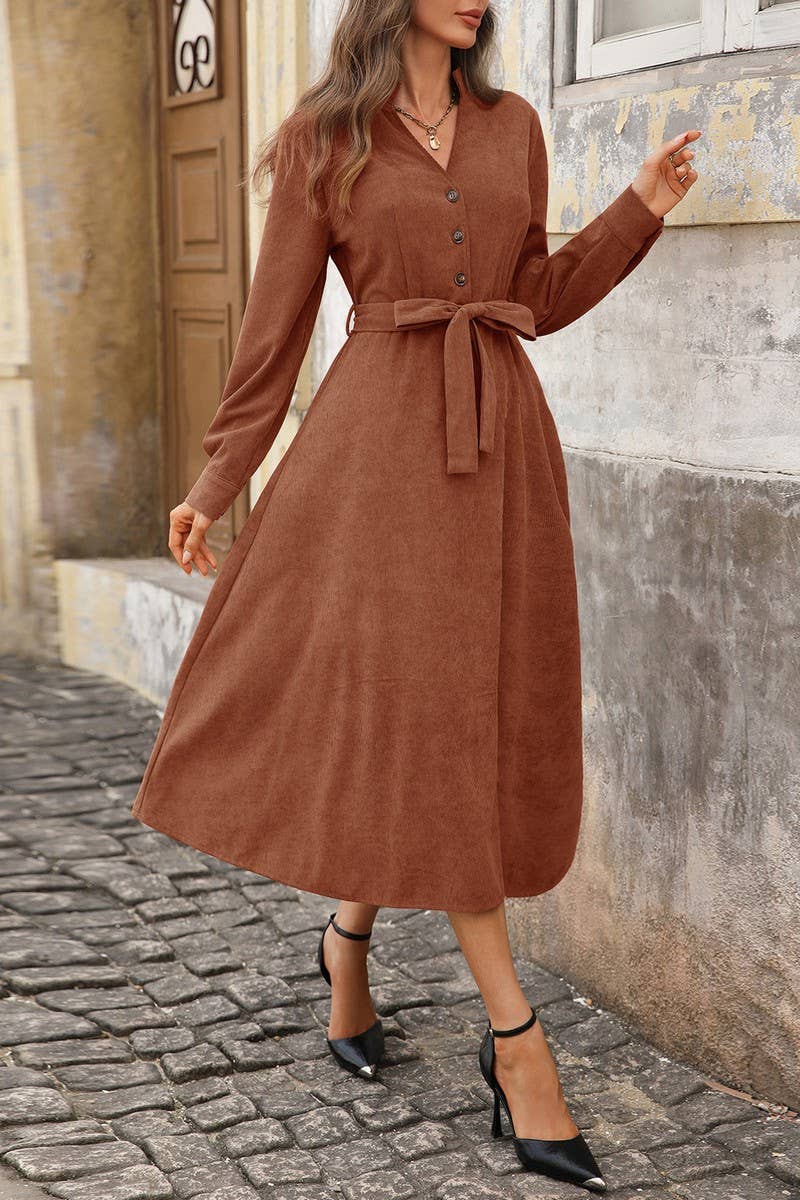 CWDMD01047_BROWN CORDUROY V-NECK LACE-UP COMMUTER DRESS