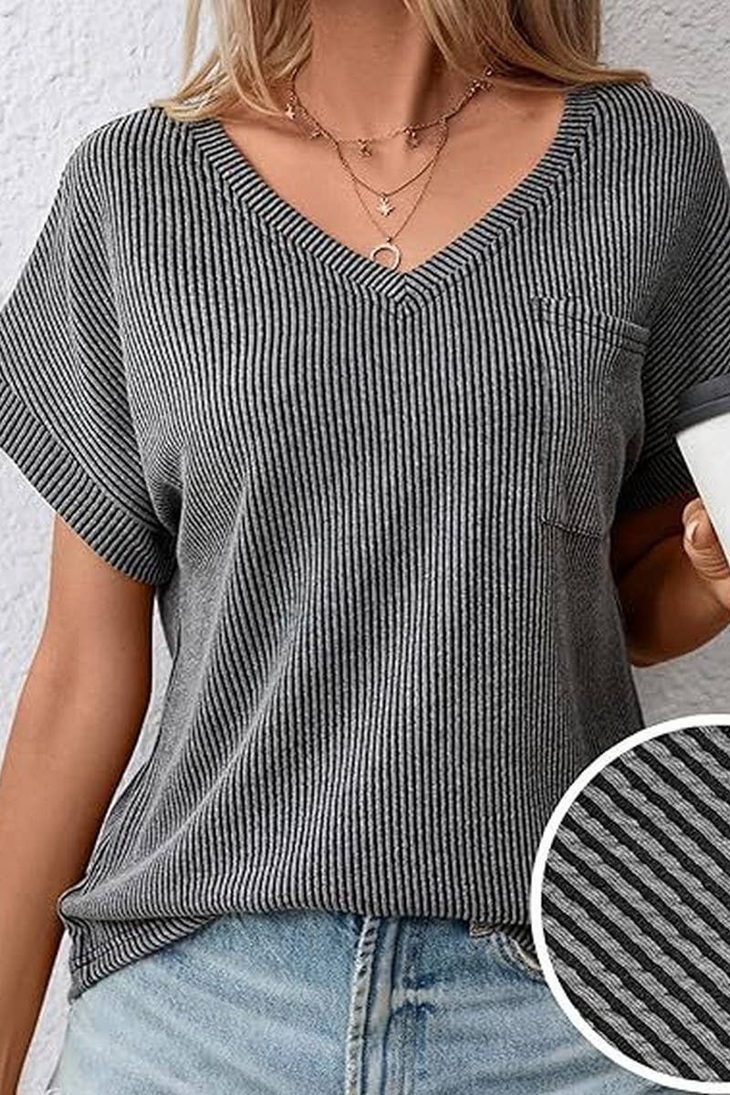 CWTTS1383_FASHIONABLE V-NECK TWISTED SHORT-SLEEVED TOP