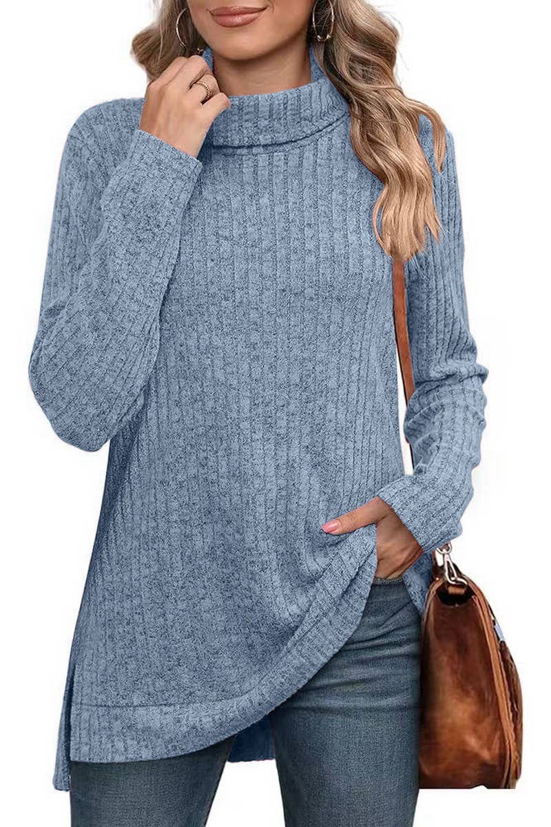 CWOSWL6106_SOLID COLOR HIGH COLLAR SLIT RIBBED BOTTOMING TOP