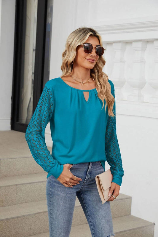CWTBLL1847_ROUND NECK HOLLOW LACE LONG SLEEVE CASUAL TOP