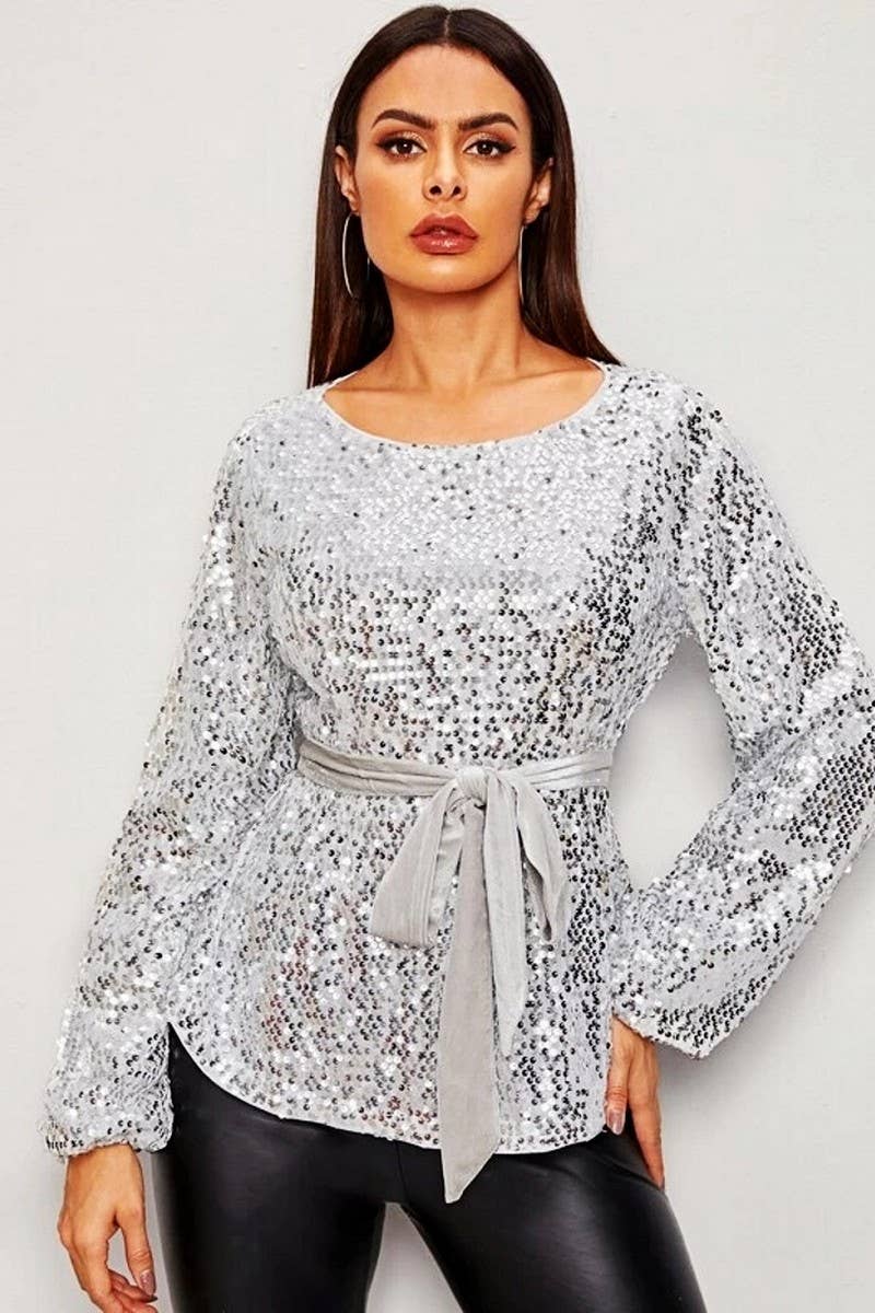 CWTBLL3459_VELVET BELTED SEQUINED LONG SLEEVE PULLOVER