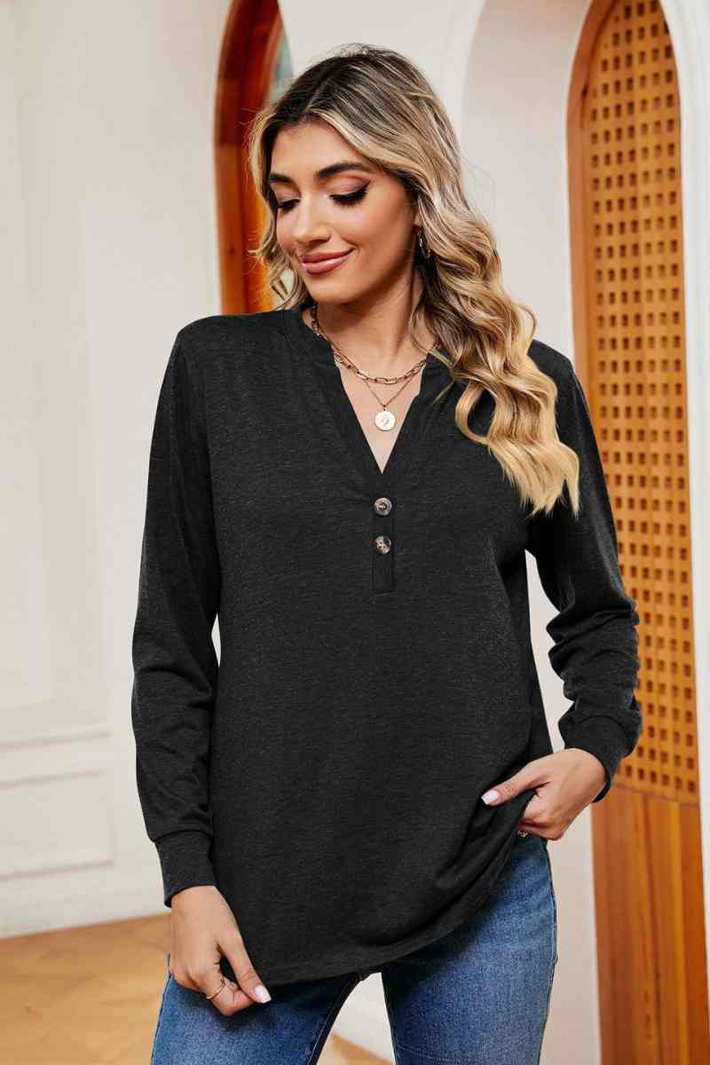 CWTBLL2834_V-NECK BUTTON-UP LONG-SLEEVED BAGGY TOP