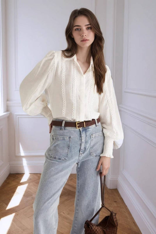 CWTSTL2905_WHITE LACE TRIM LANTERN SLEEVE SHIRT BLOUSE