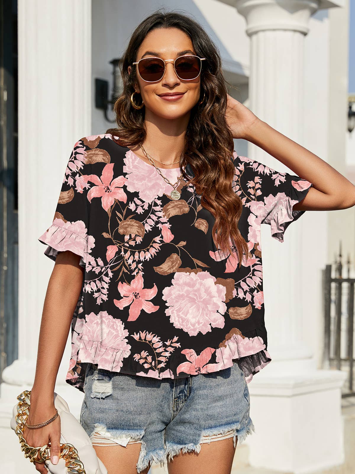 Crew neck short front long back casual loose top