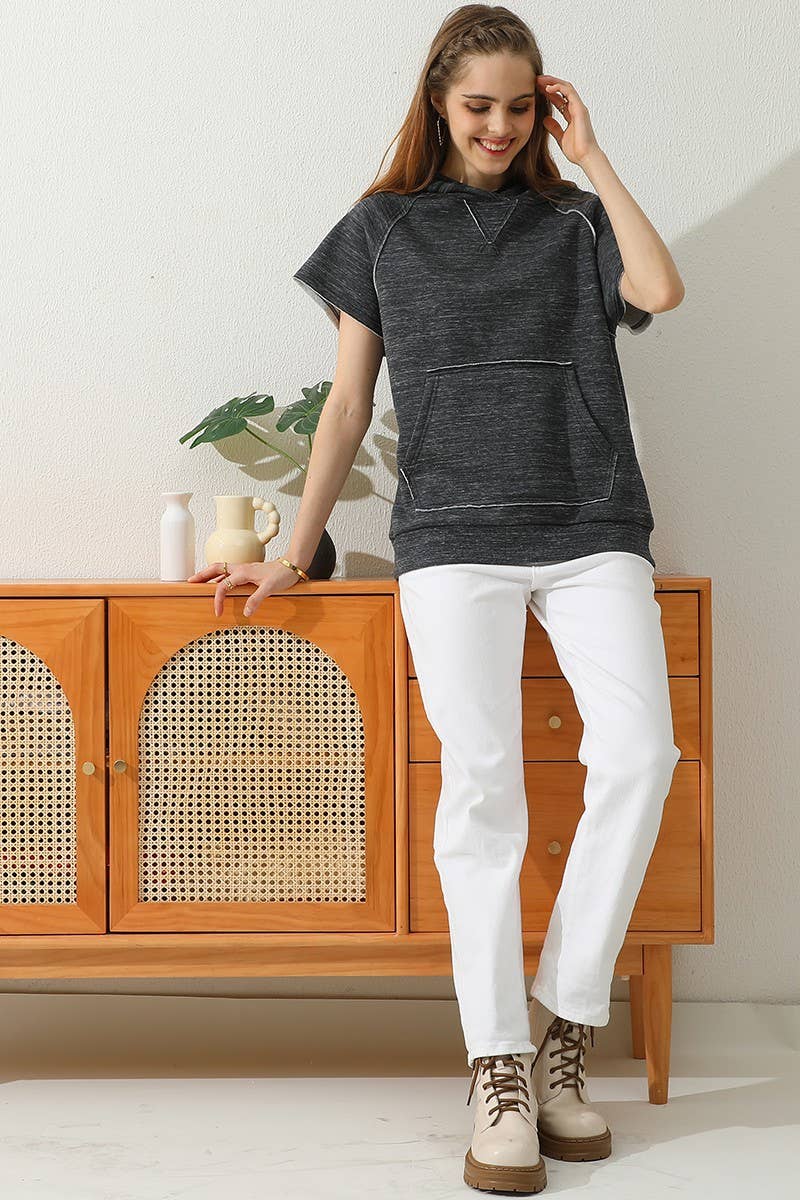 CWOHOS010_SHORT SLEEVE HOODIE SWEATSHIRT KANGAROO POCKET